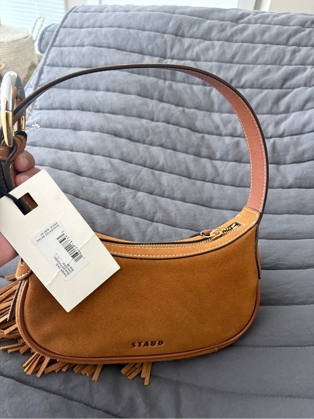 Sold‼️STAUD Suede Crescent Shoulder Bag in Cognac Brown with Tassel - Picture 2 of 15